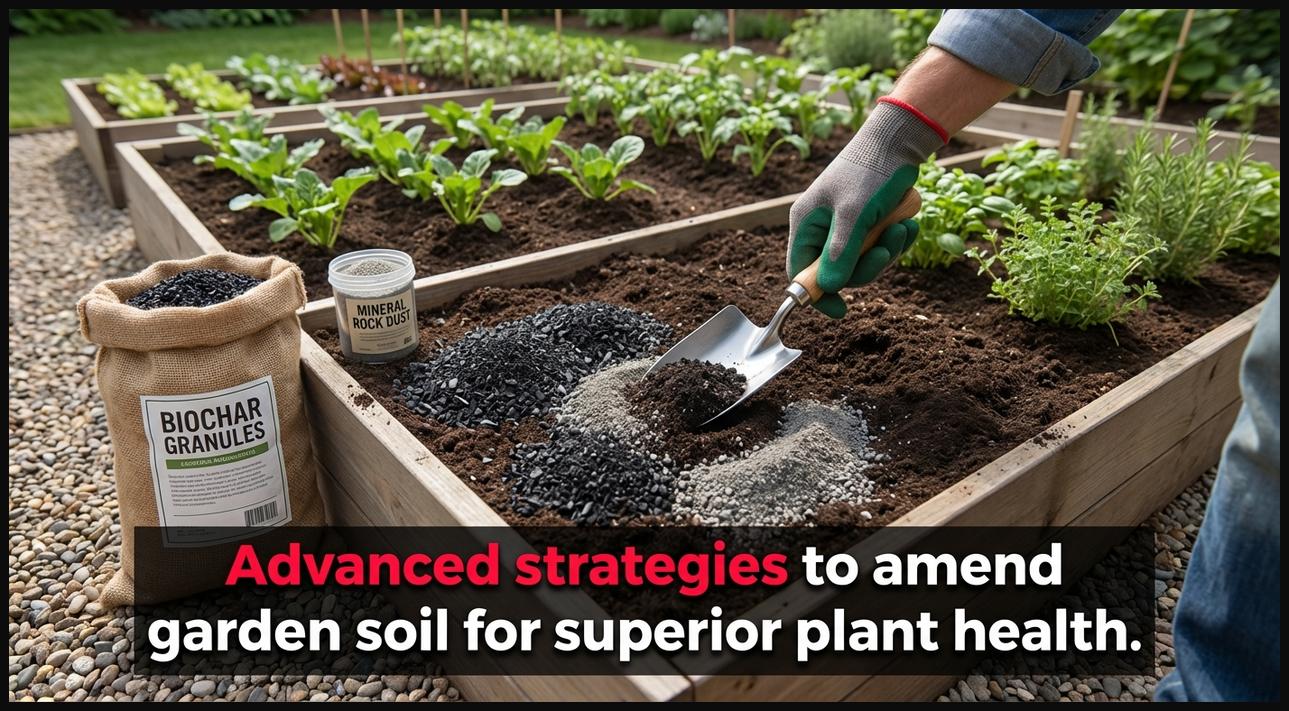 Gardener mixing biochar into garden soil, demonstrating advanced soil amendment strategies for enhanced plant health.