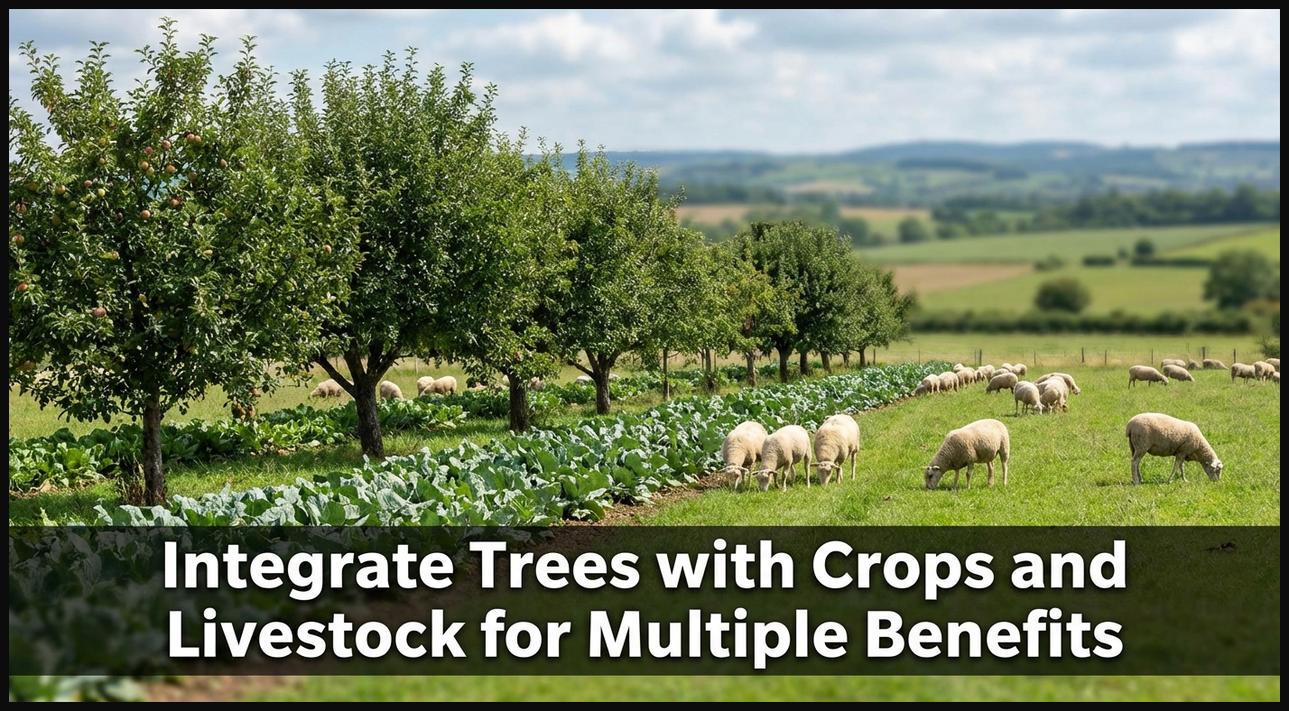 An agroforestry landscape where trees are integrated with crops and livestock, demonstrating diverse environmental and economic benefits.