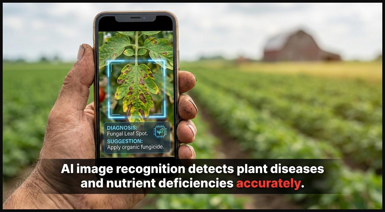 Smartphone displaying AI image recognition identifying a plant disease on a leaf, illustrating fast and accurate diagnosis.
