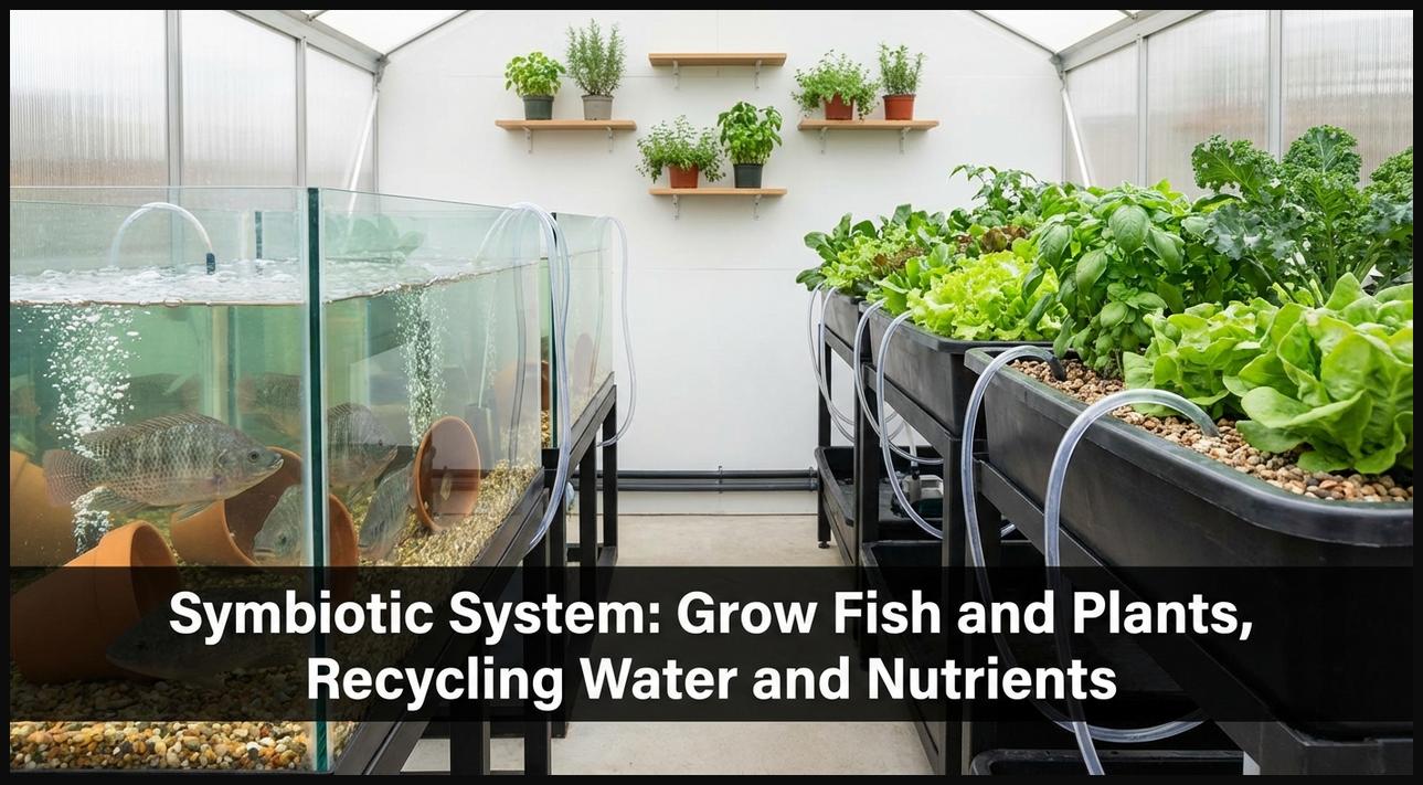 An aquaponics system with fish tanks and plant growing beds, demonstrating the symbiotic relationship for sustainable food production.