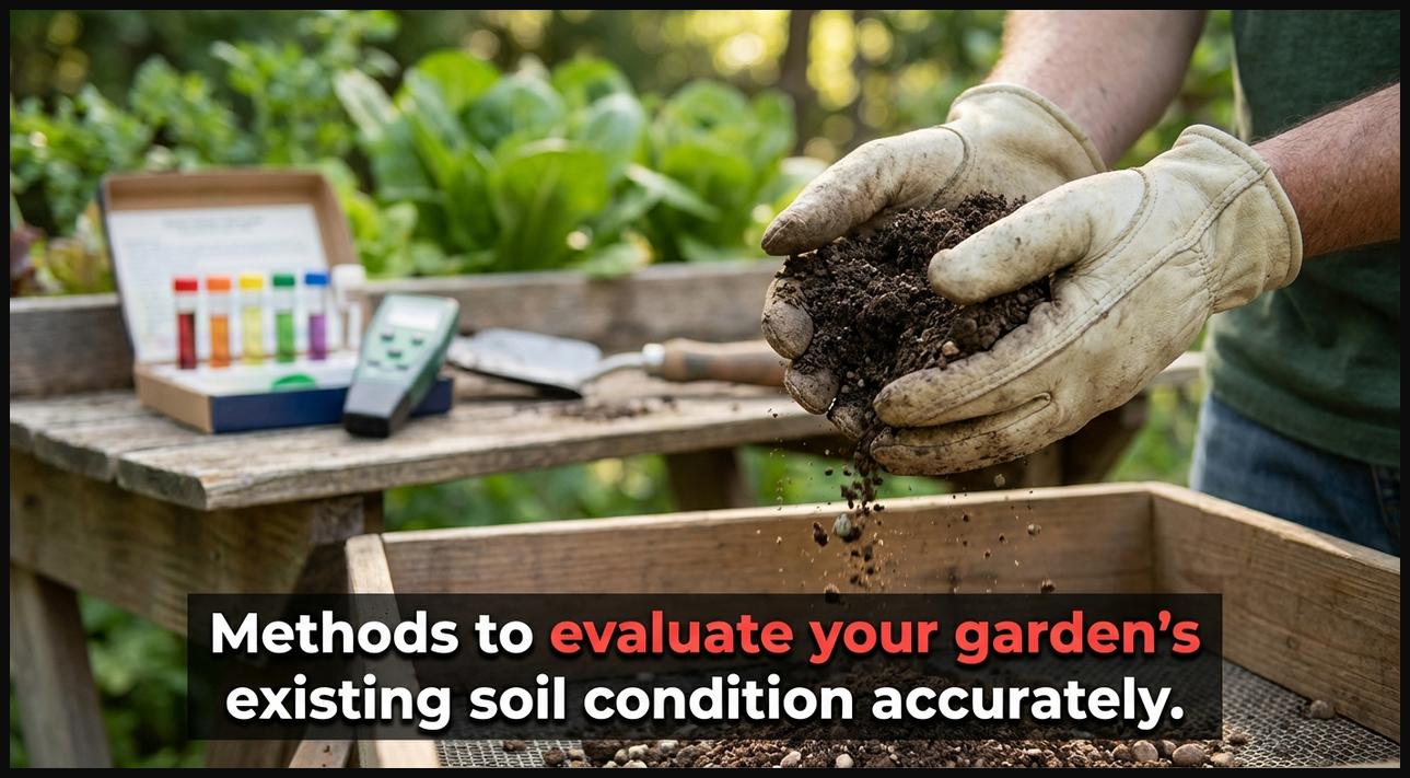 Gardener's hands assessing soil texture in a garden, with a soil test kit nearby, demonstrating methods to evaluate soil condition.