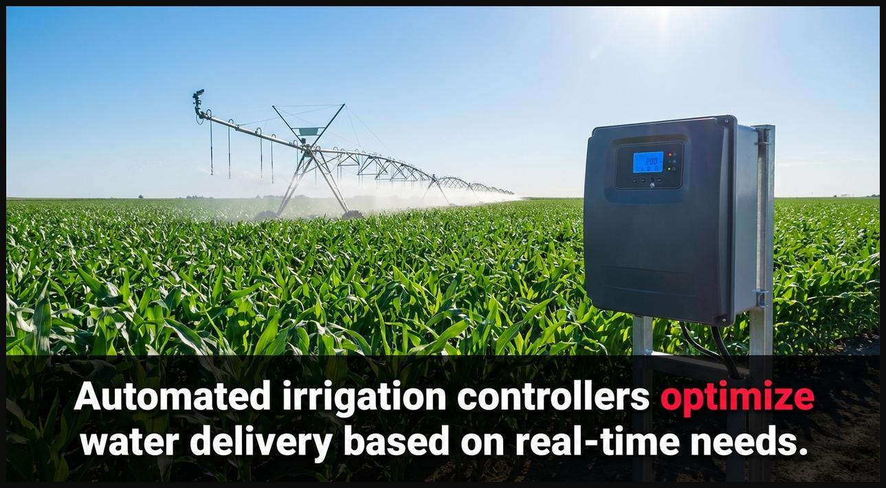 Automated irrigation system actively watering a crop field, controlled by a smart irrigation controller for optimal water delivery.