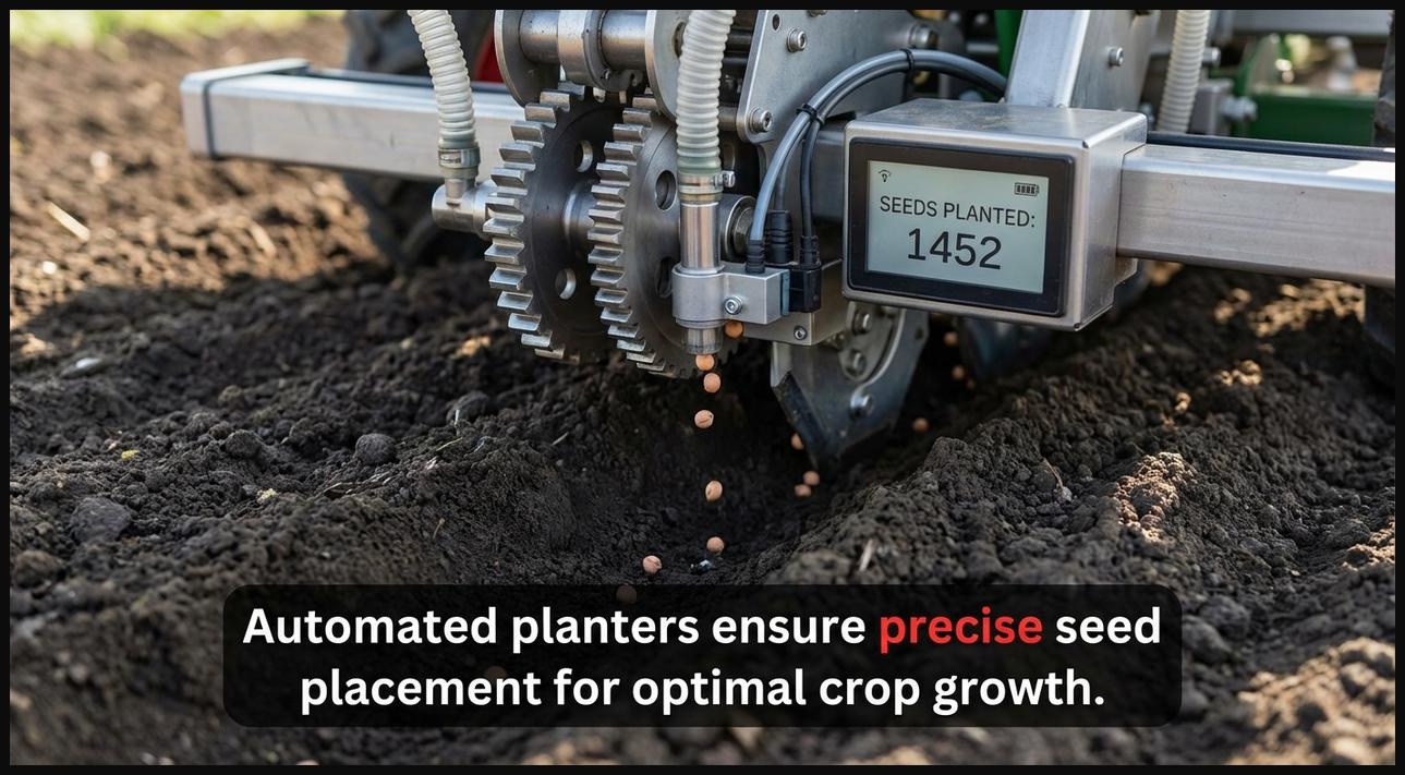 Close-up of an automated seed planter precisely dispensing seeds into soil for optimal crop growth.