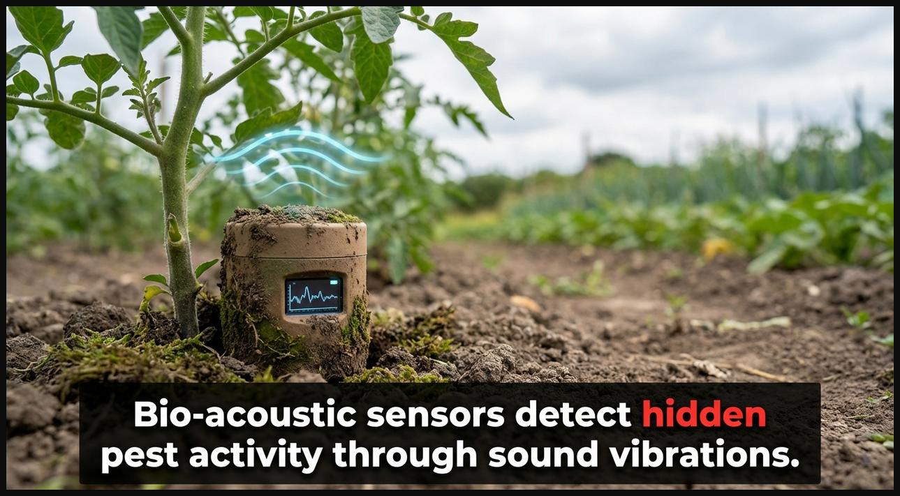 Close-up of a bio-acoustic sensor attached to a plant stem, detecting pest activity through subtle sound vibrations.