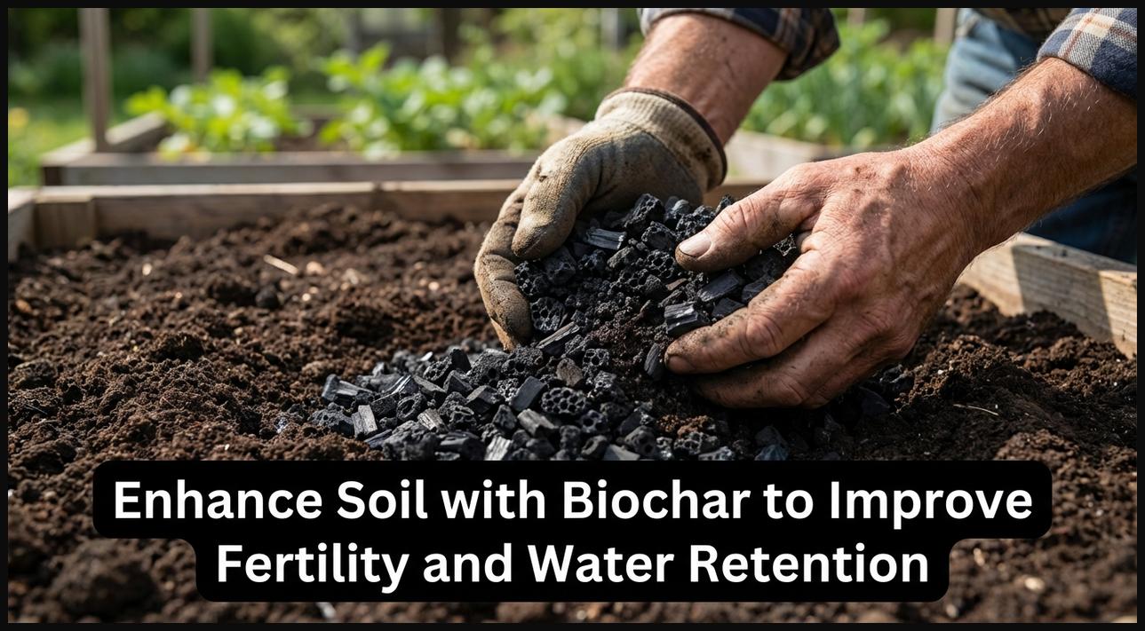 Hands mixing biochar into soil, illustrating its application to improve soil fertility and water retention for crops.