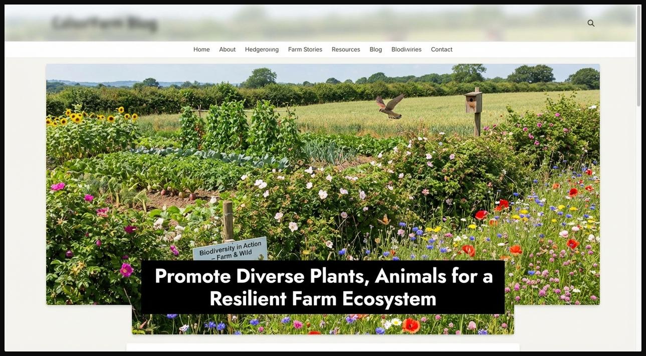 A diverse farm landscape featuring multiple crops, wildflowers, and hedgerows, illustrating the enhancement of biodiversity for ecosystem health.