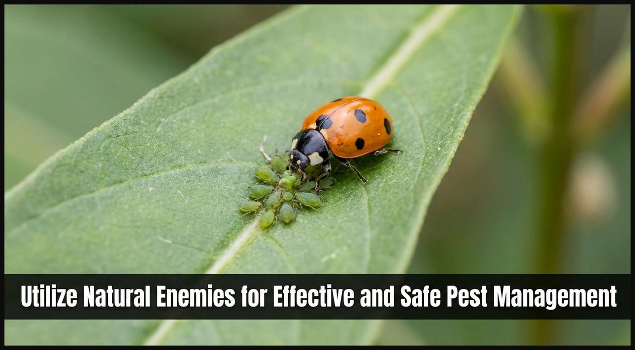 A ladybug preying on aphids on a plant leaf, depicting biological pest control as a natural and safe method.