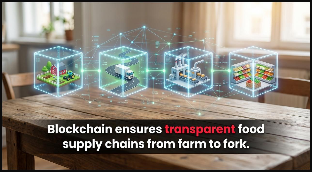 Blockchain ledger illustrating the transparent traceability of agricultural products from farm to consumer.