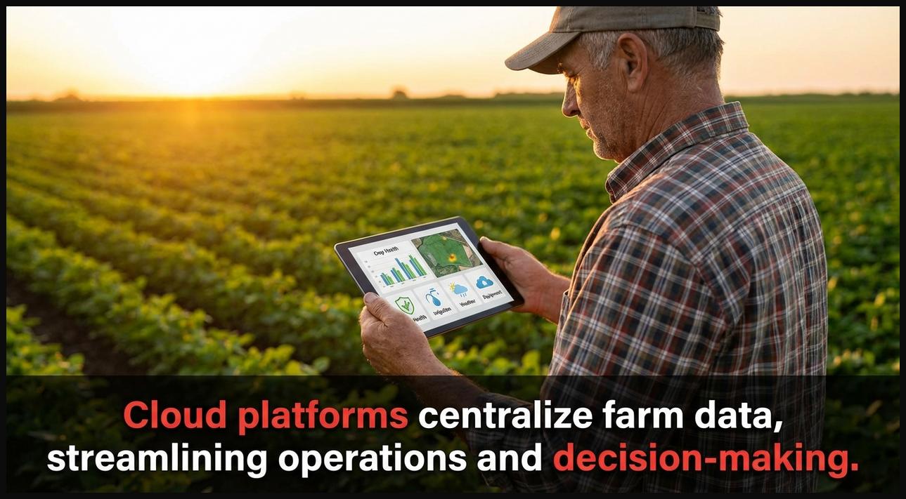 Farmer in a field viewing a cloud-based farm management dashboard on a tablet, centralizing all farm data.