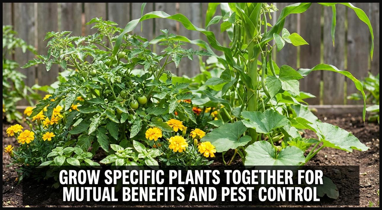 Different compatible plants growing side-by-side, illustrating companion planting for natural pest deterrence and improved growth.