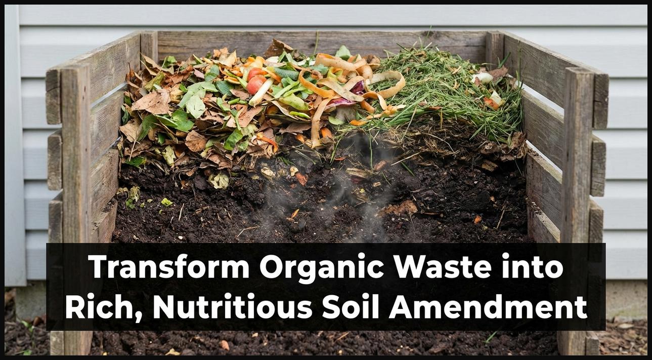 A compost pile in various stages of decomposition, illustrating how organic waste becomes nutrient-rich soil amendment for farms.