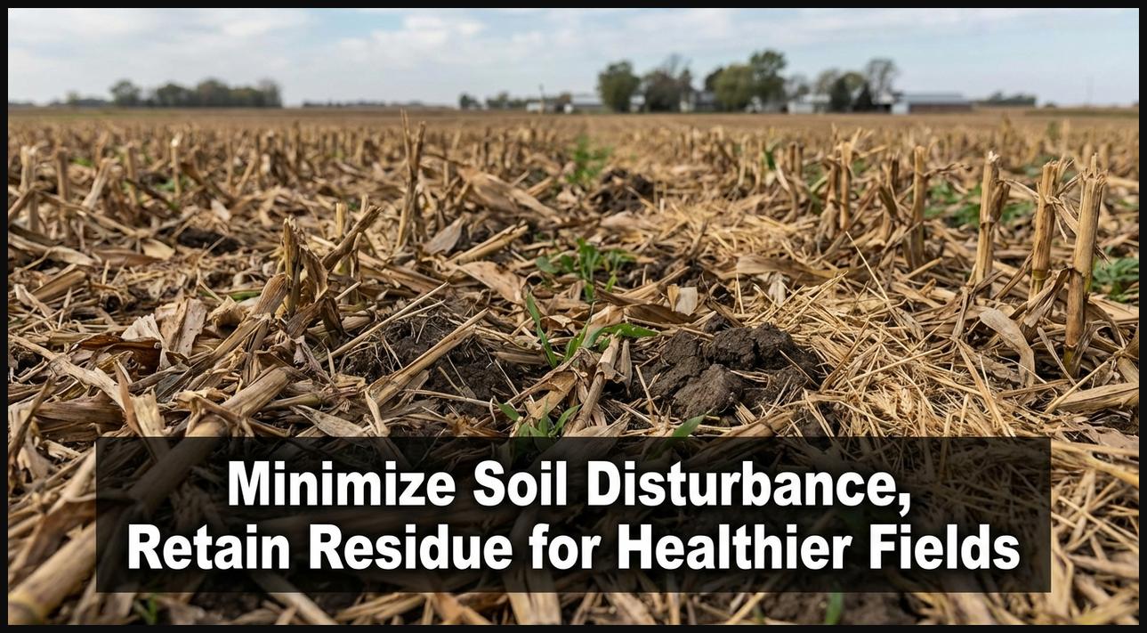 A farm field demonstrating conservation tillage, with visible crop residue protecting the soil surface and preventing erosion.