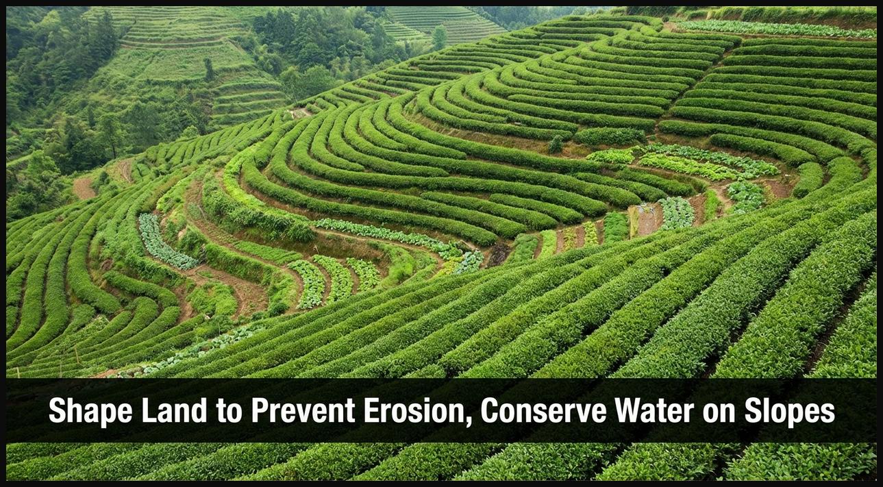 Agricultural fields on a slope demonstrating contour farming or terracing, showing methods for erosion control and water conservation.