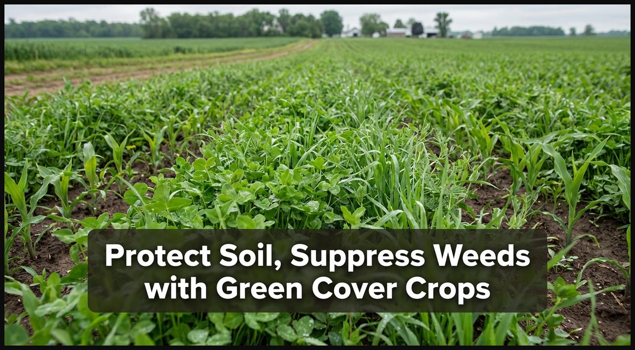 A field covered with lush green cover crops, demonstrating their role in preventing soil erosion, suppressing weeds, and improving soil health.