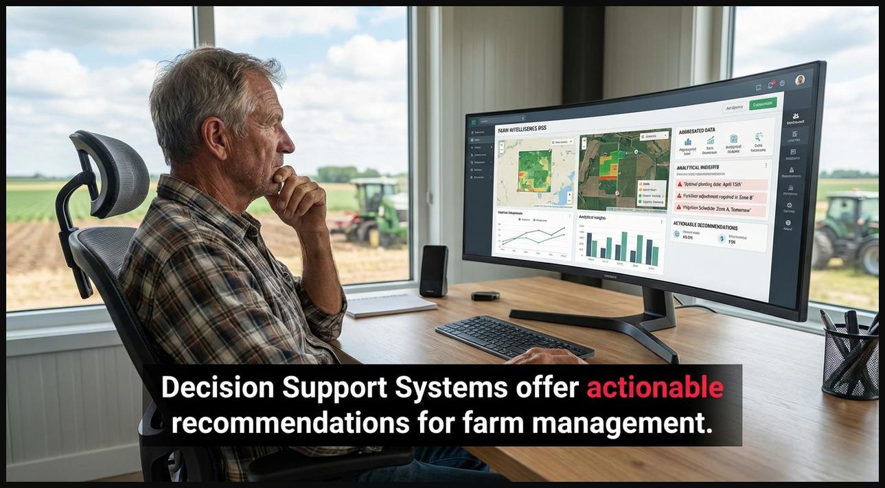 Farmer using a Decision Support System (DSS) on a computer, receiving actionable recommendations for farm management decisions.