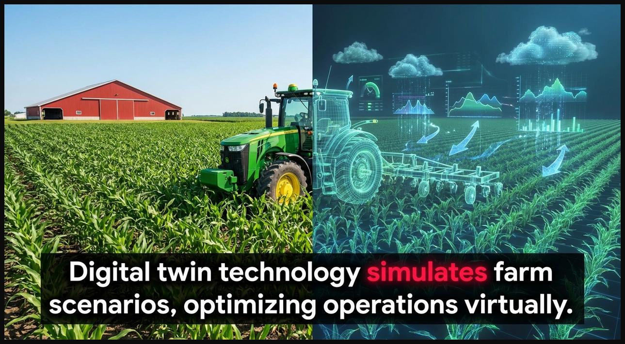 Split image showing a real farm field alongside its digital twin, illustrating virtual simulation for farm optimization.
