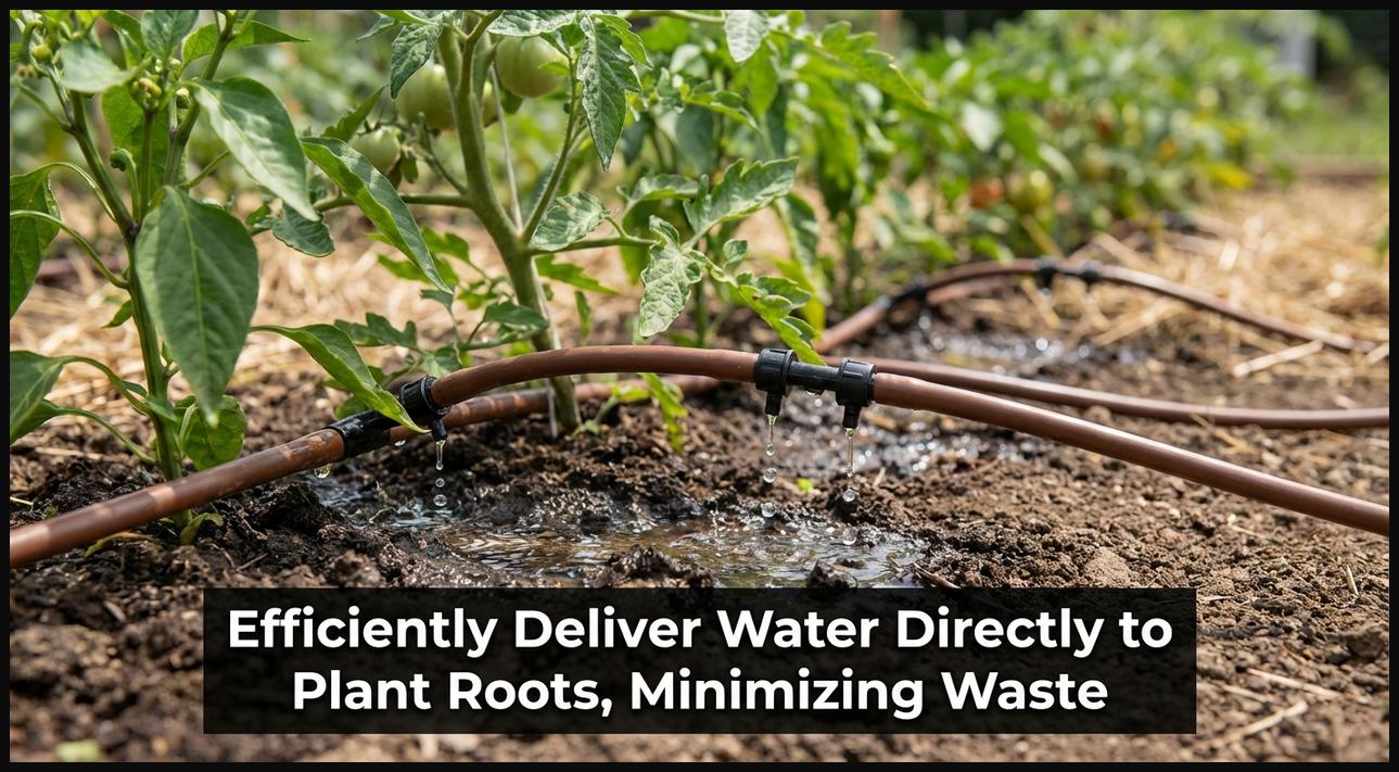 A close-up of a drip irrigation system with water drops precisely watering plant roots, demonstrating efficient water use in agriculture.