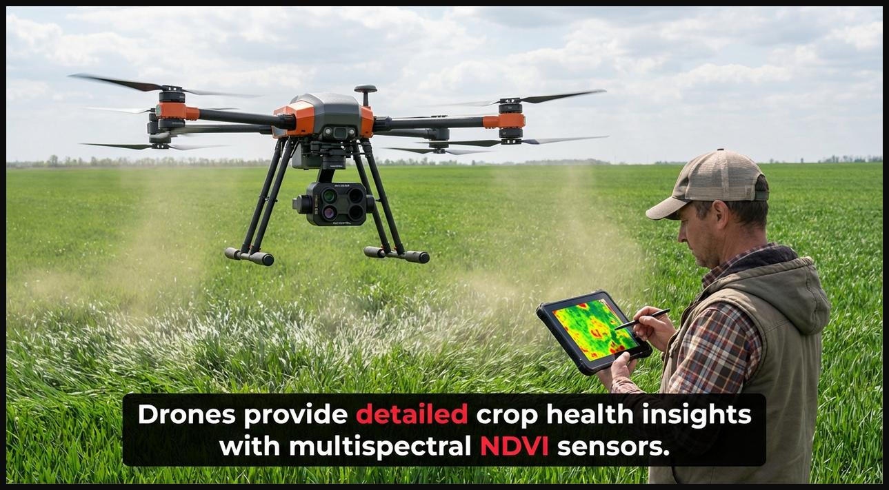 Agricultural drone equipped with NDVI sensors flying over crops, capturing multispectral data for detailed health analysis.