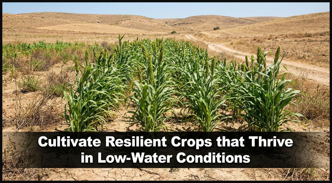 A field of healthy, drought-resistant crops thriving in dry conditions, showcasing climate adaptation in agriculture.