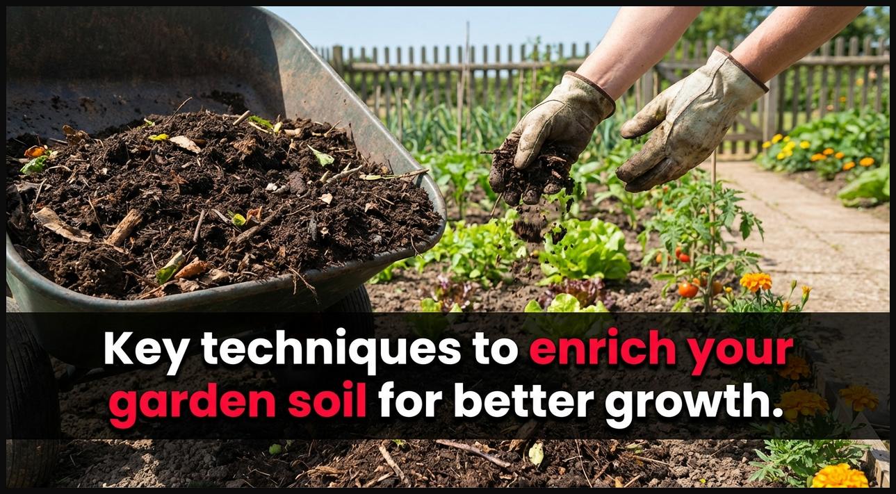 Hands spreading rich compost over a garden bed, illustrating essential techniques for enriching garden soil and promoting growth.