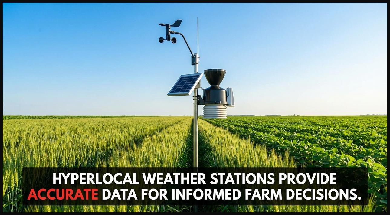 Modern field-specific weather station gathering hyperlocal data in a crop field to aid farming decisions.