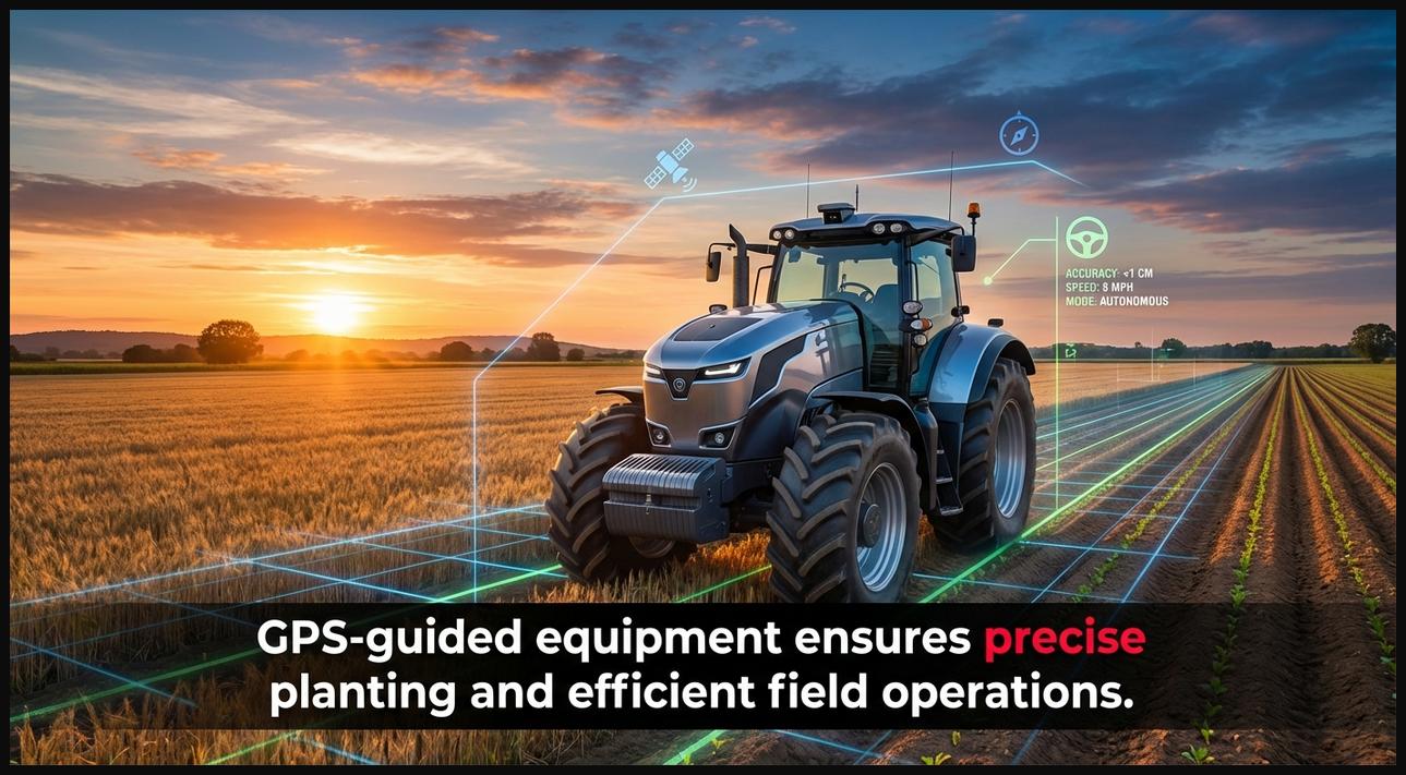 GPS-guided autonomous tractor accurately planting seeds in a large farm field, demonstrating precision agriculture.