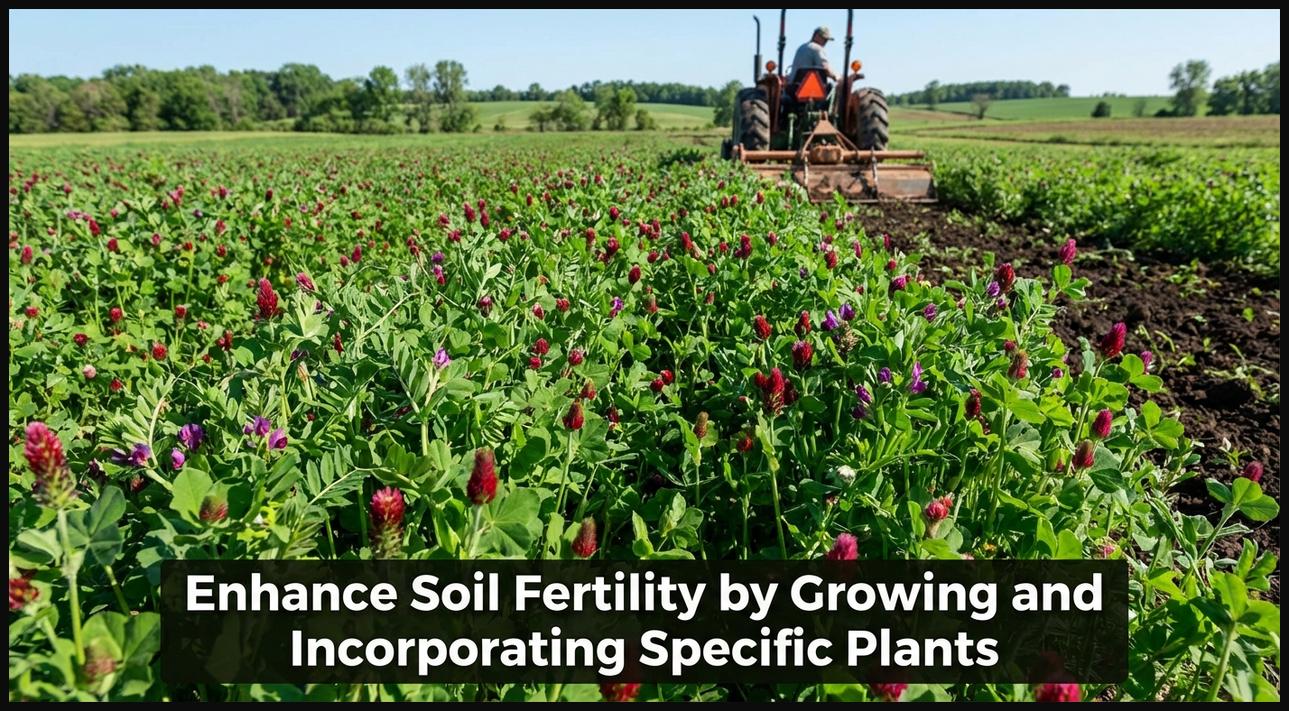 A field of vibrant green plants grown as green manure, demonstrating the practice of enriching soil by incorporating living plant matter.