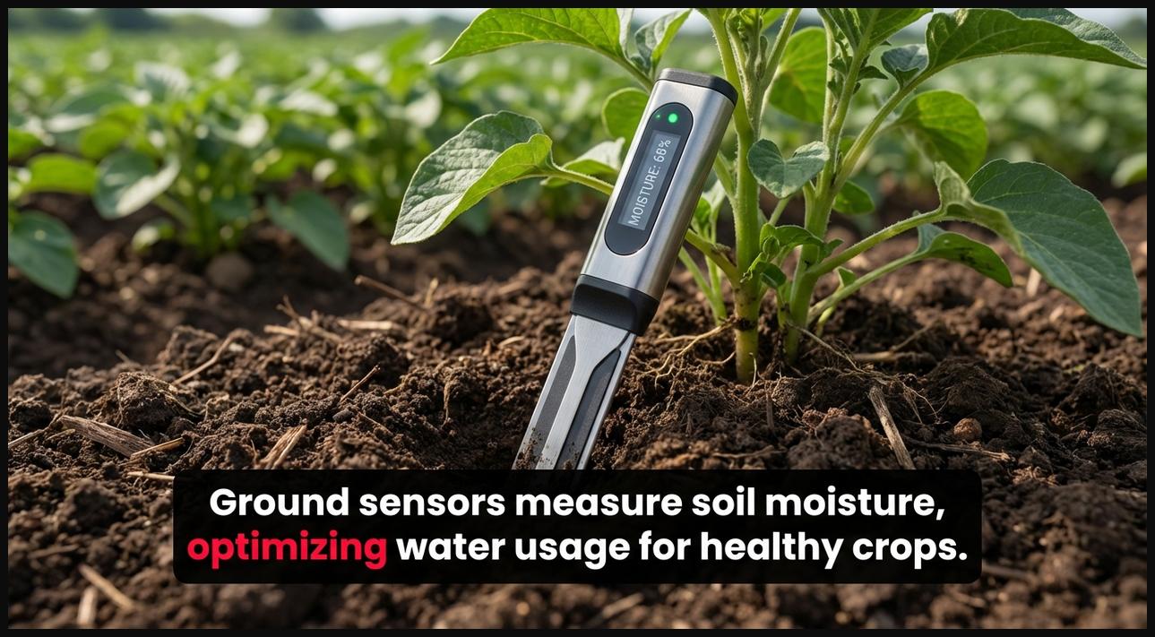 Close-up of a ground-based soil moisture sensor installed near a crop plant, measuring water content for optimal irrigation.
