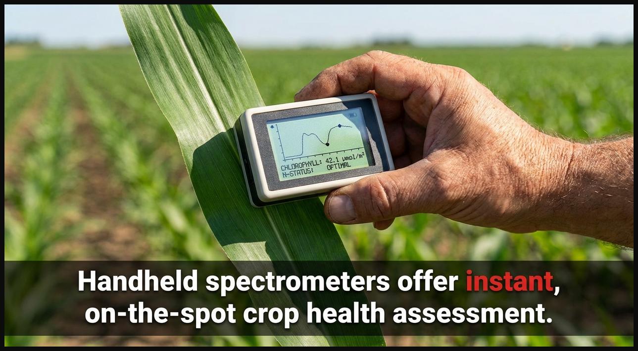 Person using a handheld spectrometer to perform an instant, on-the-spot health assessment of a plant leaf in a field.