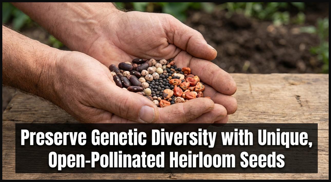 Hands holding a diverse collection of heirloom seeds, representing the preservation of genetic diversity and unique crop varieties.