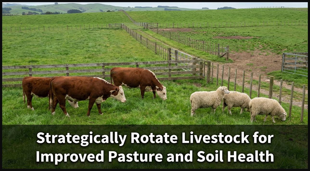Livestock grazing in a small paddock on a healthy pasture, demonstrating holistic grazing techniques for soil improvement.