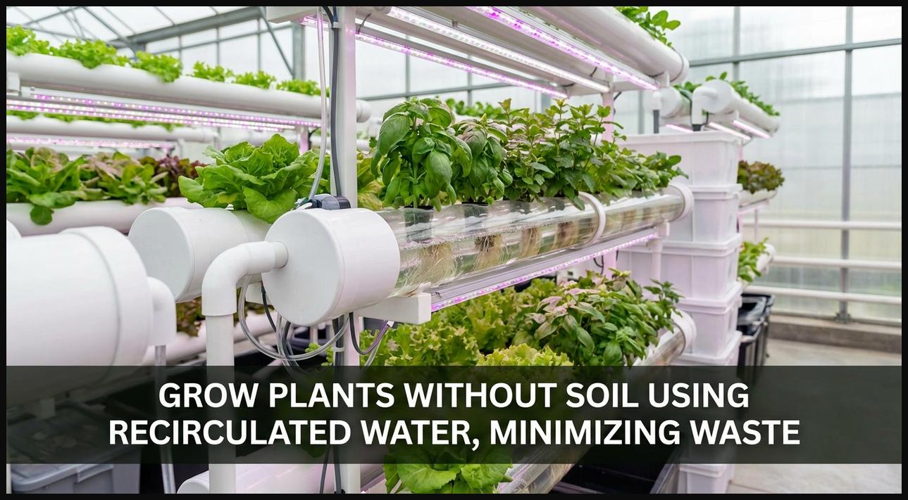A sustainable hydroponic setup showing plants growing in water with efficient water recirculation, representing soil-less cultivation.