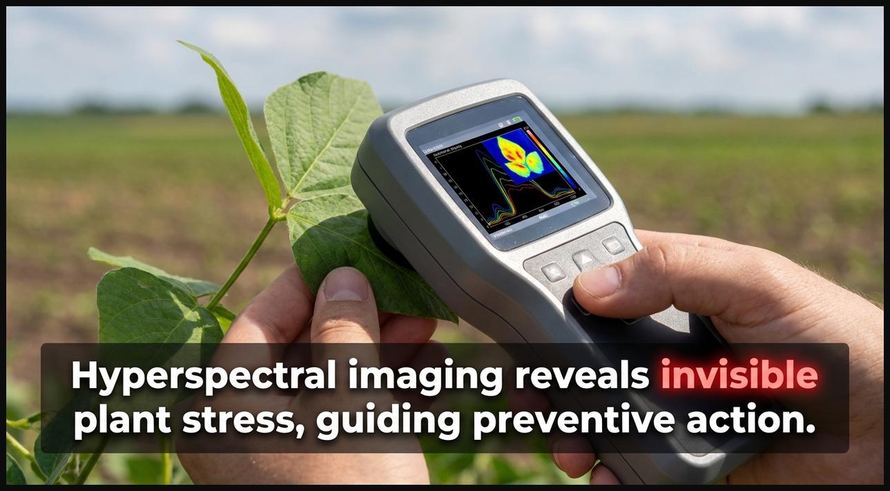 Handheld hyperspectral imaging device scanning a plant leaf, revealing detailed spectral data for early stress detection.