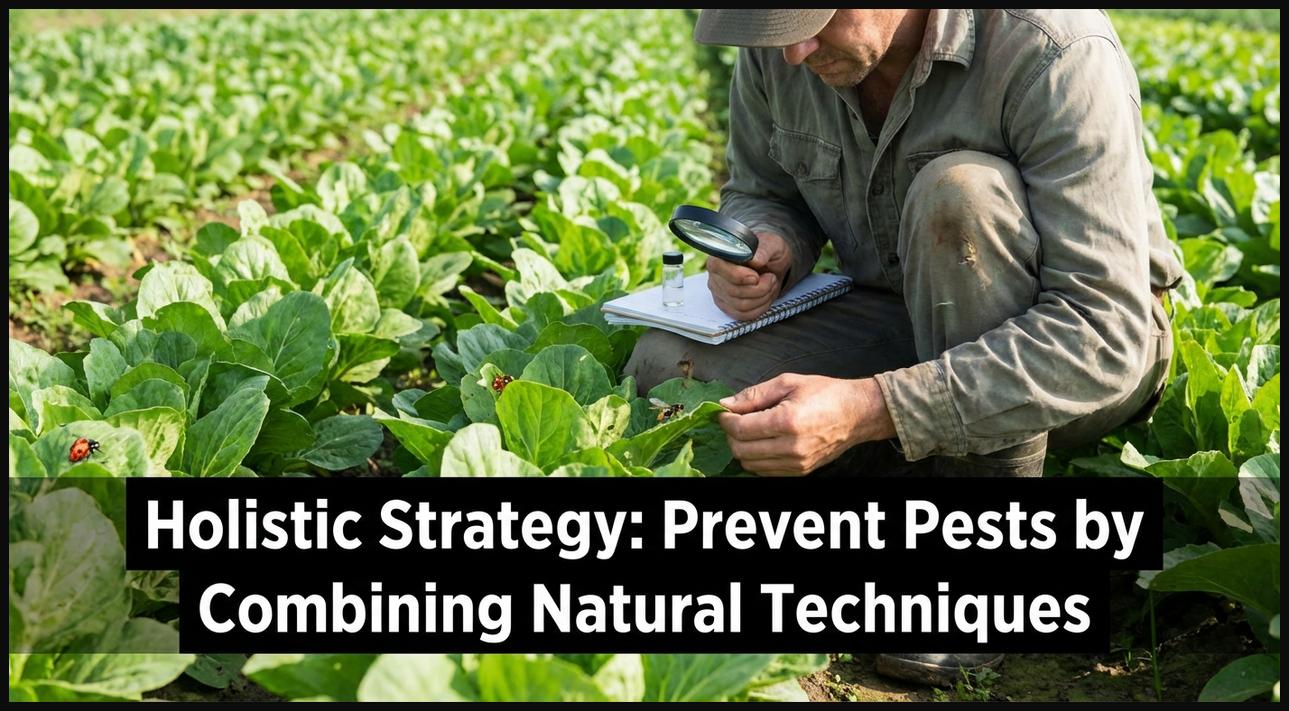 A farmer inspecting plants in a field, symbolizing integrated pest management (IPM) through careful observation and biological control.