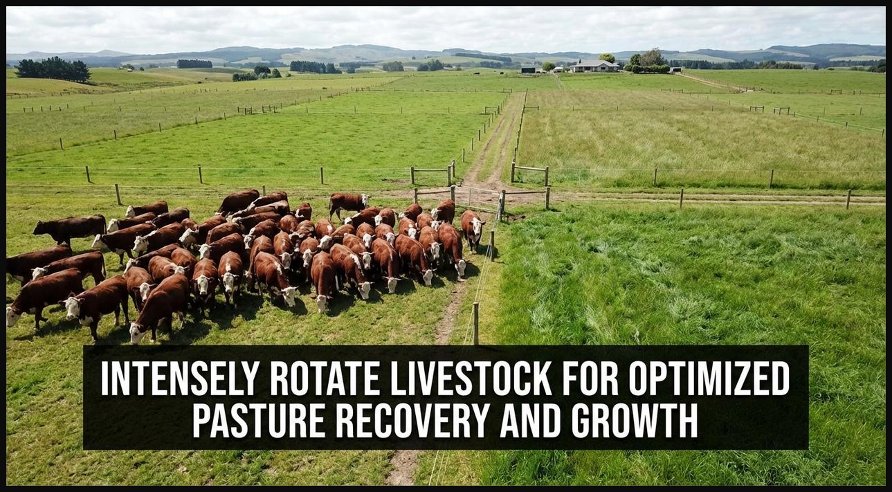 An aerial view of a pasture divided into paddocks with livestock grazing, illustrating managed intensive rotational grazing for pasture health.