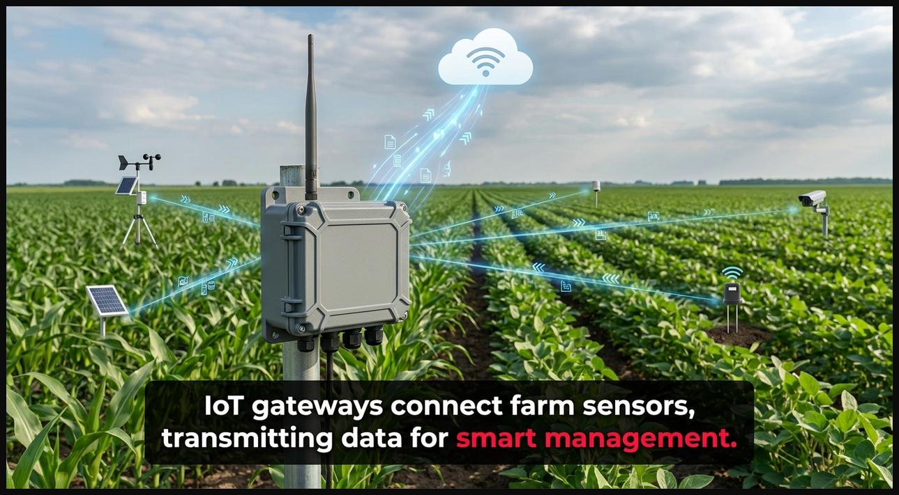 IoT gateway in a farm field, collecting and transmitting data from various agricultural sensors to a cloud platform.