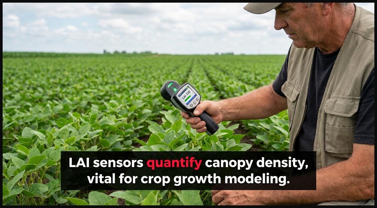 Person using a handheld Leaf Area Index (LAI) sensor over a crop canopy, measuring canopy density for growth modeling.