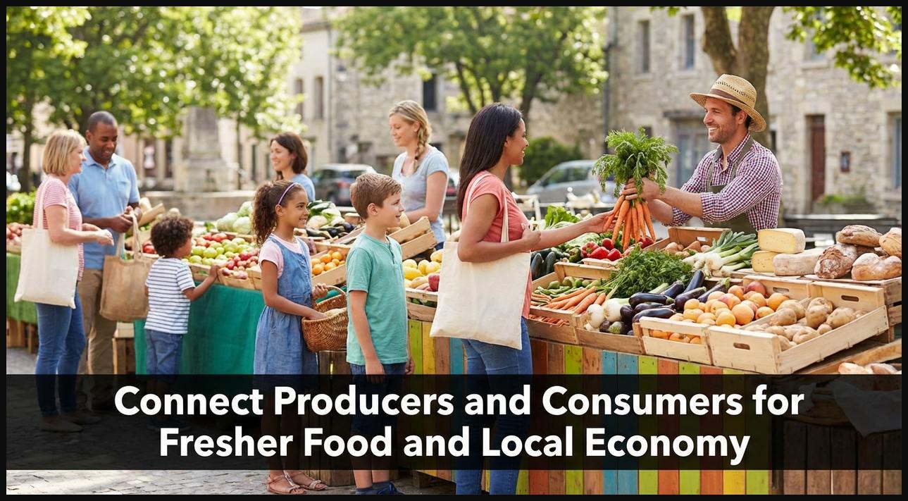 A vibrant farmers' market, depicting a localized food system that connects producers and consumers, supporting local economies.