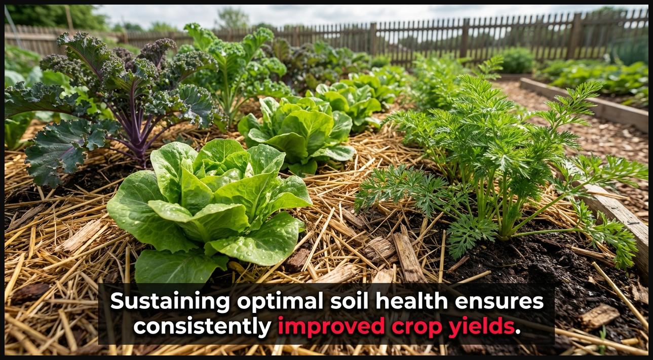 A vibrant no-till garden bed with mulch and healthy vegetable plants, illustrating practices for maintaining optimal soil and increasing crop yield.