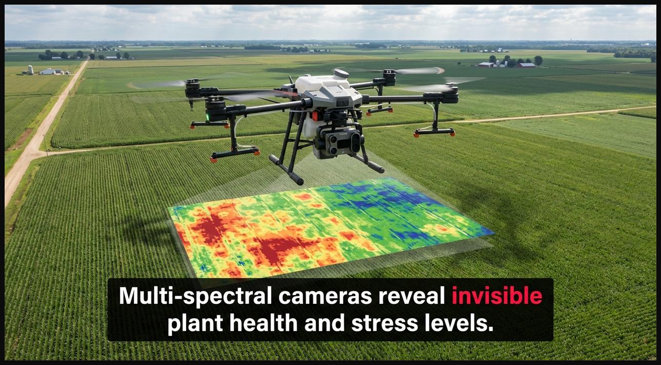 Multi-spectral camera on a drone capturing data over a crop field, generating an NDVI map for plant health analysis.