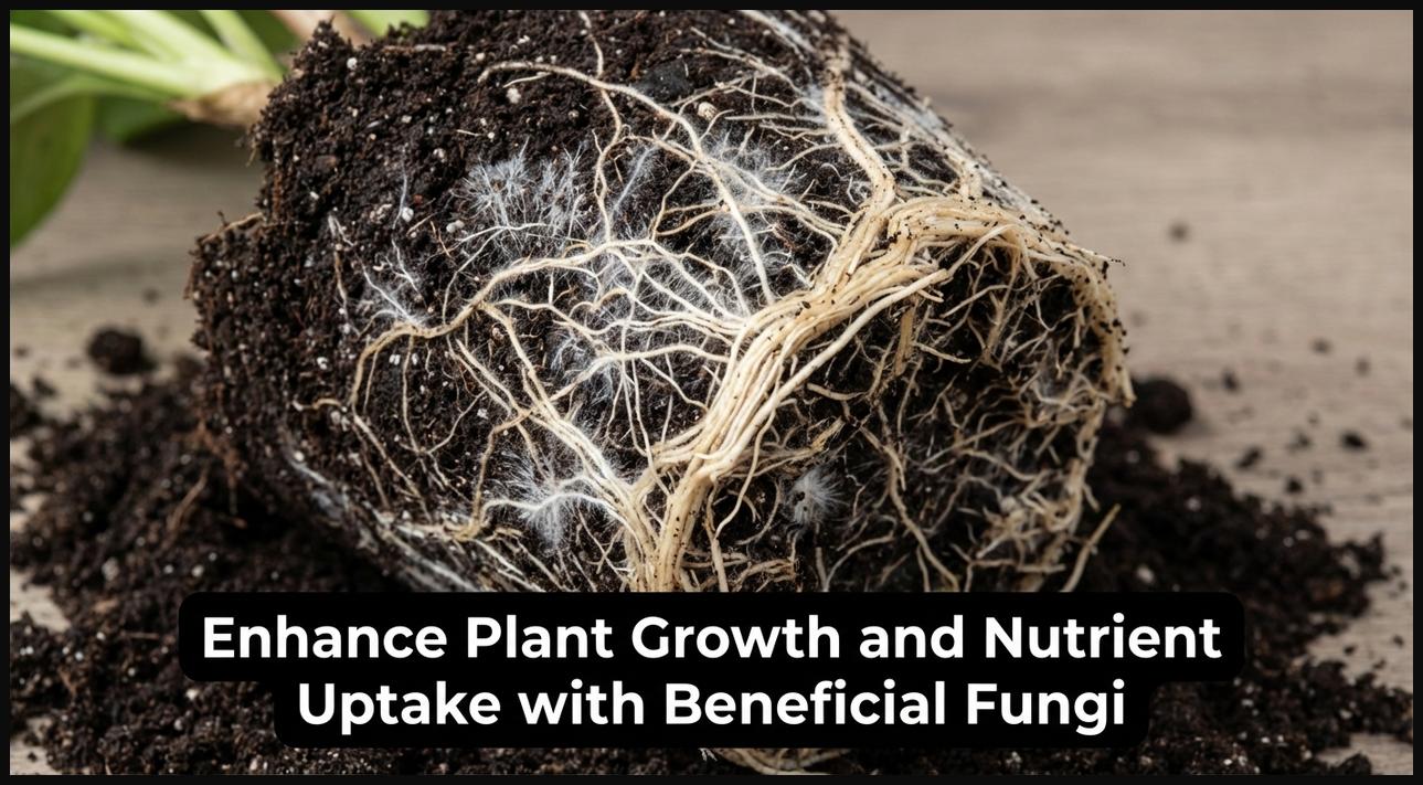 A close-up of plant roots with mycorrhizal fungi intertwined, illustrating enhanced nutrient absorption and plant health.