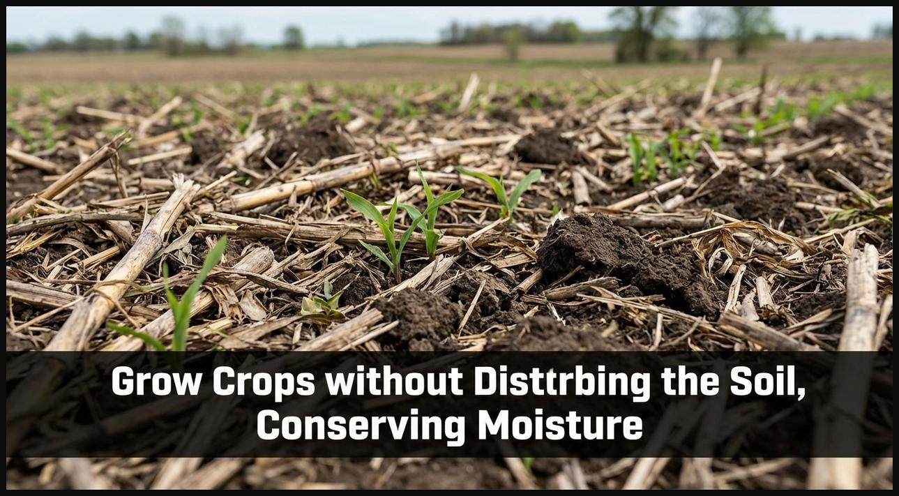 A no-till farm field with crop residues on the surface and new sprouts emerging, highlighting soil conservation and moisture retention.