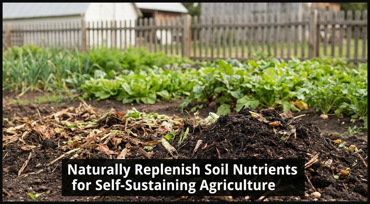A farm scene illustrating nutrient cycling with compost, crop residues, and healthy plants, symbolizing natural soil replenishment.