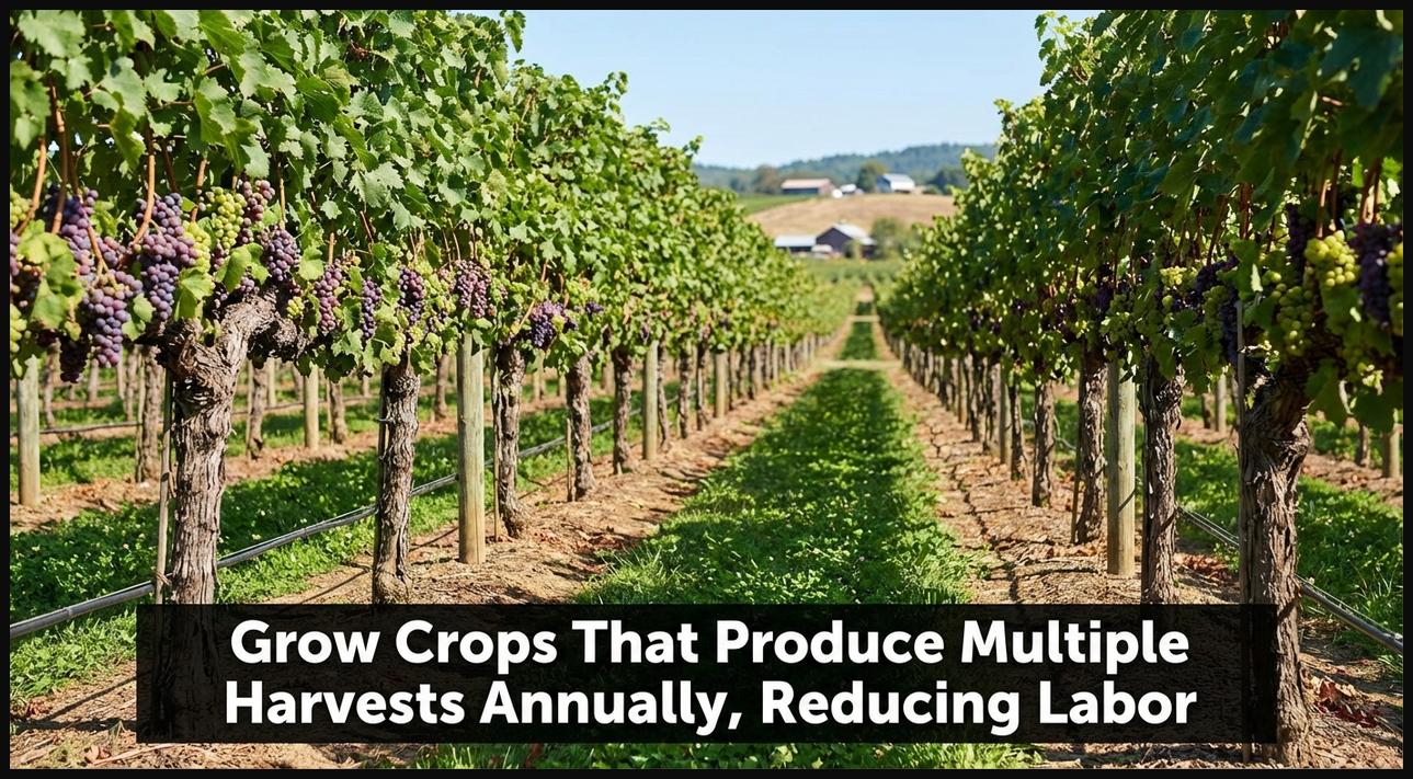 An orchard of established perennial fruit trees, illustrating crops that provide multiple harvests without annual replanting.