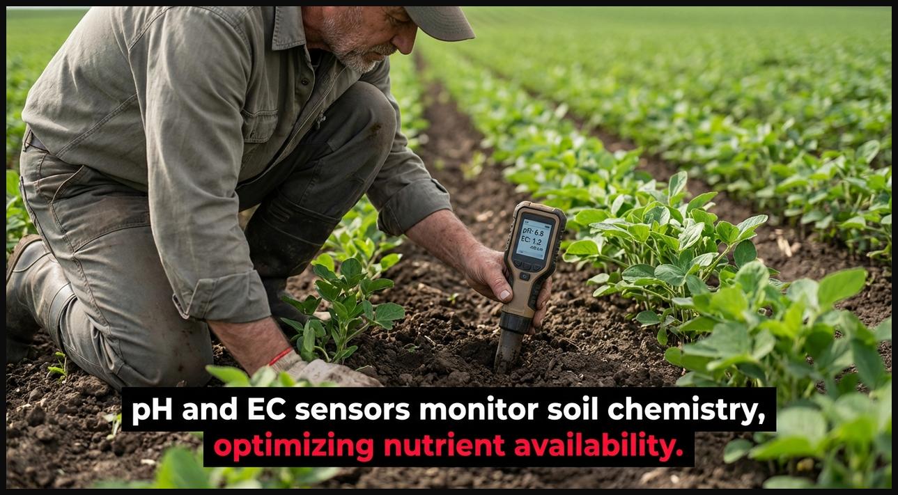 Agronomist inserting a pH and EC soil sensor into farm soil, monitoring chemical properties for optimal nutrient management.