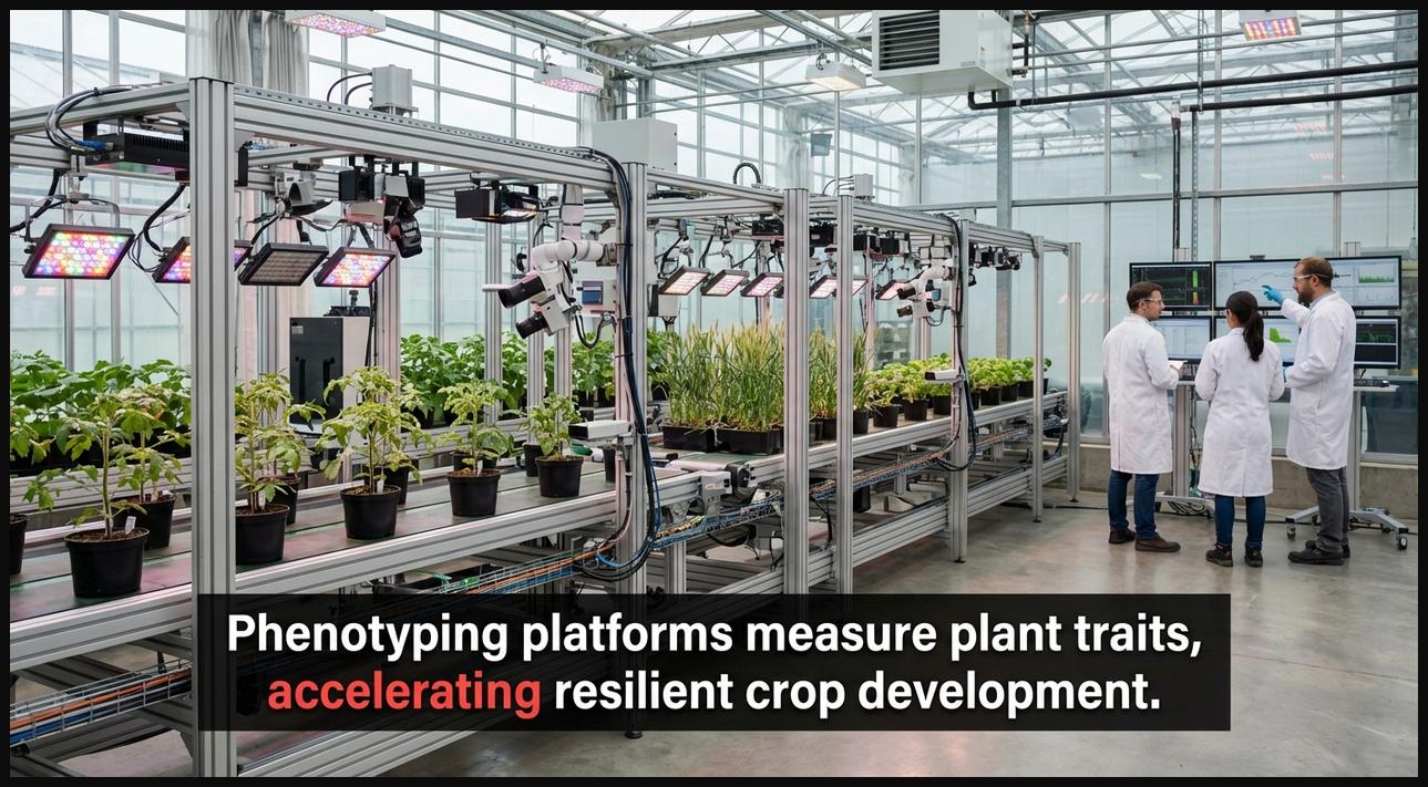 Automated phenotyping platform in a greenhouse, systematically measuring plant traits for resilient crop development.