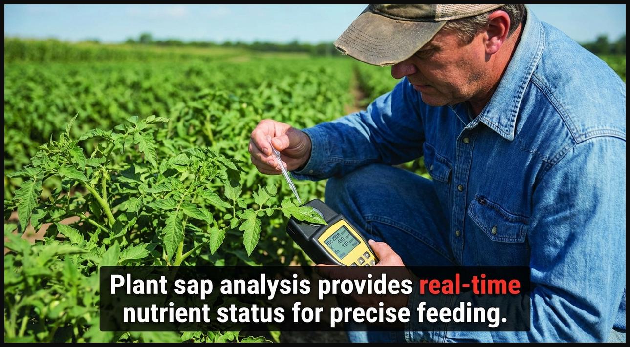 Agronomist performing plant sap analysis with a handheld device, showing real-time nutrient levels for precise crop feeding.