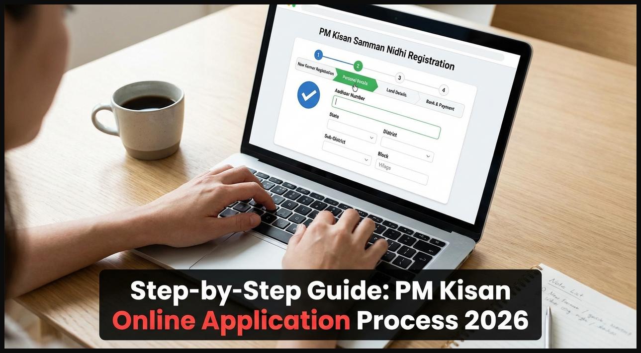 Hands using a laptop to complete the step-by-step online application process for PM Kisan.