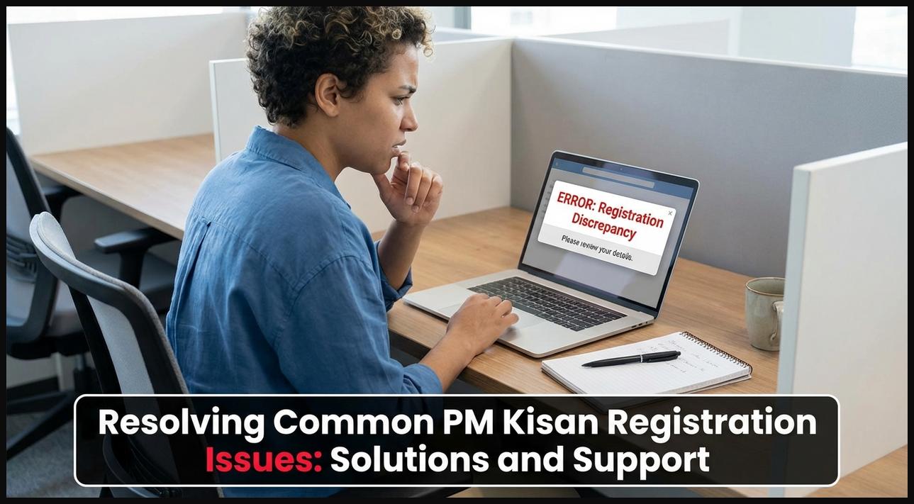 Person troubleshooting common PM Kisan registration issues displayed on a laptop screen.