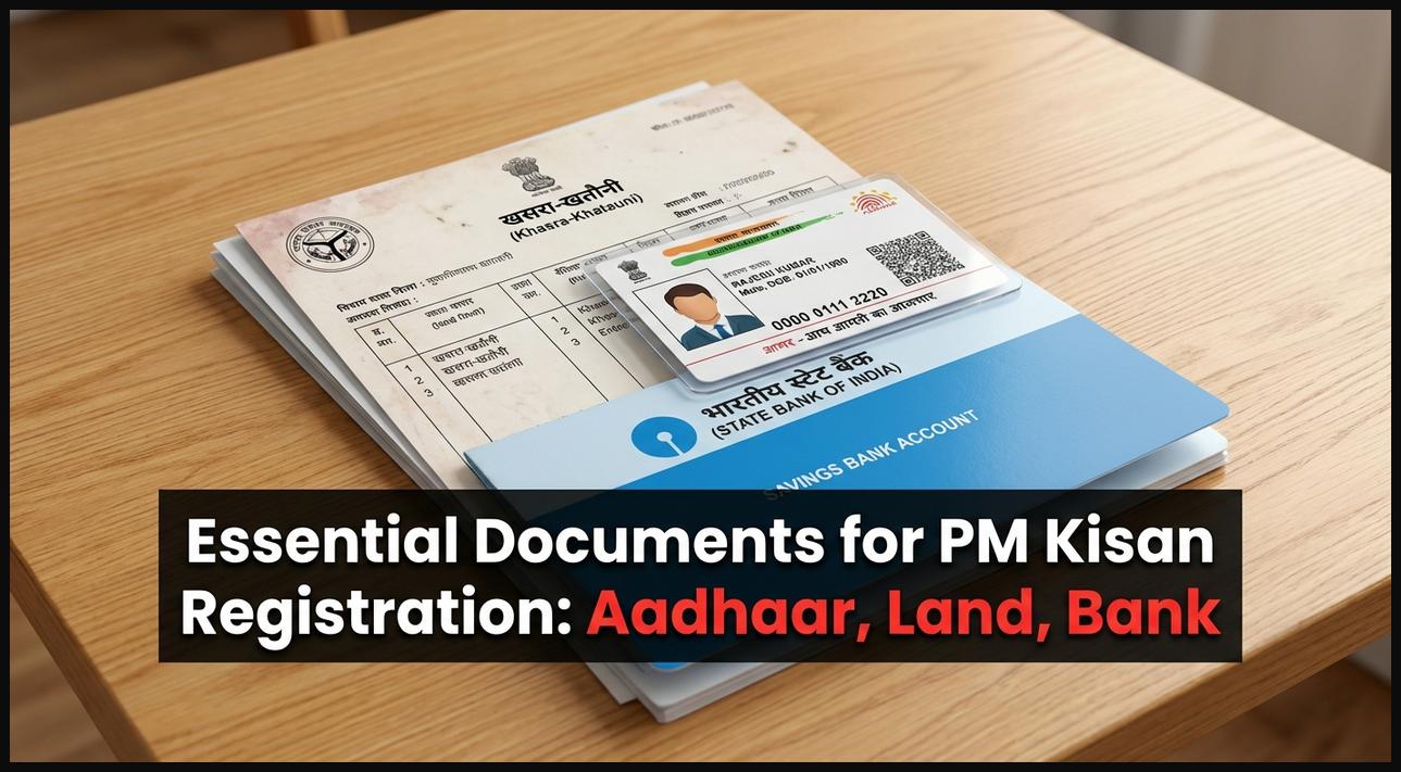 Stack of essential documents including Aadhaar card, land records, and a bank passbook required for PM Kisan registration.